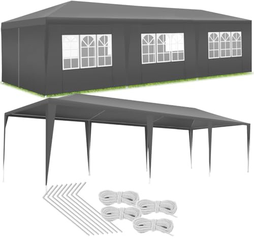 tectake® Pavillon Garten 9 x 3 m, Gartenzelt, Partyzelt, 8 Seitenteile, wasserdicht, UV-Schutz, Partyzelt Garten, Terrassenmöbel, Terrassenüberdachung Festival Event Shelter, Balkon Schutz - grau