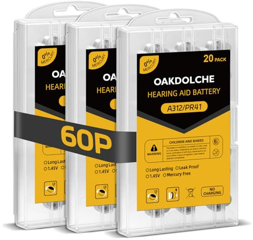 OAKDOLCHE Hearing Aid Batteries Size 312,60 Count,Mercury Free Zinc-Air Batteries,1.45 Volt Long Lasting & Easy to Open