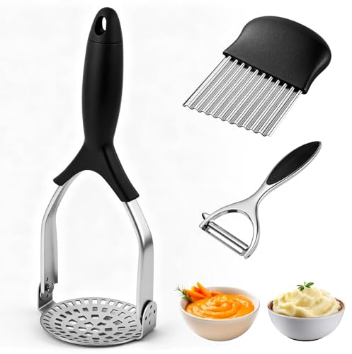 Homshsjhkis 3 Pcs Machacador de Patatas, Acero Inoxidable Aplastador Patatas Cocidas, Manual Pasapures, Pasa Pures Cocina, Potato Masher con Cortador Ondulado para Aguacate, Frijoles, Carne, Verduras