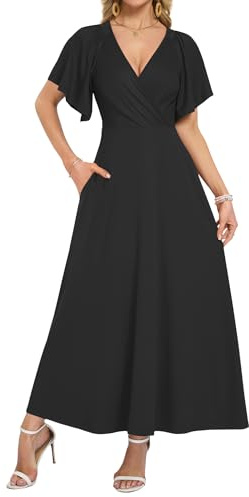 WNEEDU Long Summer Dresses Women UK Elegant Deep V neck Maxi Wrap Dress