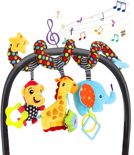 WILLWAY Car Seat Toys, Stroller Toy Baby Spiral Hanging Toys for Sensory Exploration, 0-12 Months Newborn Toys for Car Seat Stroller Crib Bassinet Mobile with Music Box BB Squeaker Rattles