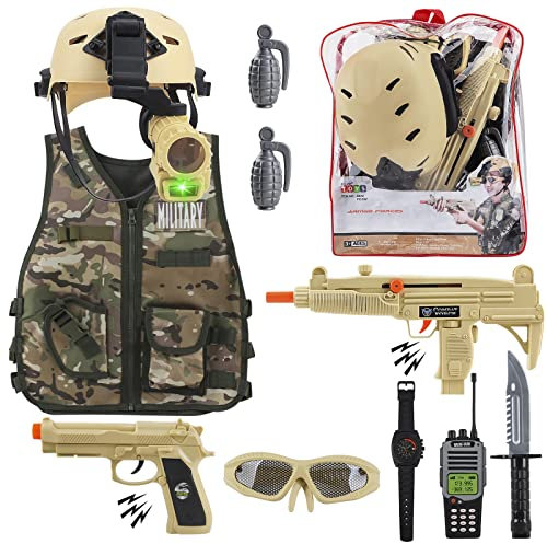 deAO Militärsoldat Tarnung Kostüm Set mit Helm, Spielzeug-Schrotflinte, Spielzeuggranaten, Zubehör für Militärsoldaten und Aufbewahrungsrucksack - ideal für Kinder