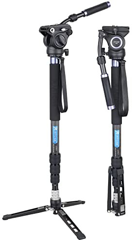 Kit de vídeo monopie (Bloqueo de Perilla, monopié de Fibra de Carbono ARTCISE de 72,4 Pulgadas y 184 cm con Cabezal Fluido y Base de trípode extraíble para cámaras DSLR y videocámaras