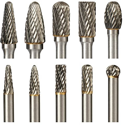 Hakkin 10Pcs Tungsten Carbide Double Cut Rotary Burr Set 1/4” Shank Die Grinder Drill Bits for Dremel Accessory Wood Carving Tools DIY Woodworking Carving Drilling Metal Polishing Grinding Engraving