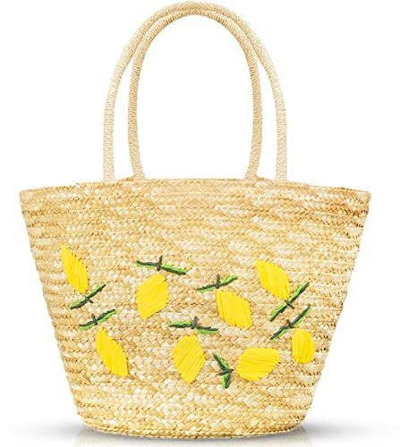 QTKJ Summer Straw Bag, Beach Bag for Women, Handwoven Handbag Vintage Lemon Pattern Embroidery, Large Rattan Tote Bag Suitable for Vacation Seaside Travel