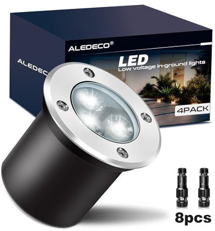 ALEDECO 4Pack 3W Low Voltage Landscape Lights with Connectors 12-24V LED In-Ground Lights IP67 Waterproof Garden Lighting 6500K Outdoor Well Light for Yard Pathway Driveway Deck (Cool White)