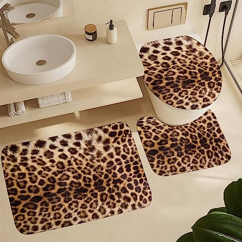 3 Piece Bath Mat Set Leopard Print Animal Anti Slip U Shape Wc Toilet Rug Cozy Toilet Lid Cover Mat Durable Bathroom Mat Set
