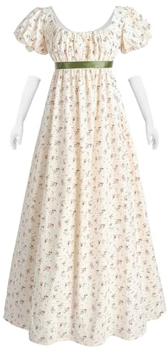 NSPSTT Robe régence pour femme - Robe de l'ère régence florale - Taille empire - Robe longue avec gants, beige, S