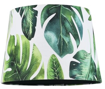 Modern Palm Leaf Themed 25cm Drum Lampshade in Green and White Linen Fabric with Inner Forest Green Fabric Lining by Happy Homewares
