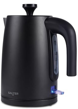 Bouilloire électrique Salter EK5632MBLK Kuro 1,7L - Ébullition rapide 3000W, sans BPA, anti-calcaire, arrêt automatique, capteur sécheresse ébullition, base pivotante 360°, fenêtre niveau d'eau.