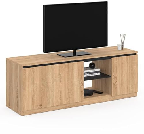 IDMarket - Meuble TV TOMI 3 Portes Bois façon hêtre et Noir 140 cm