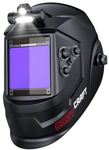 ARCCAPTAIN Schweißhelm mit großer Sicht, 10 x 9,3 cm, echte Farbe, automatische Verdunkelung, mit Licht, solarbetriebene Schweißhaube, 4 Lichtbogen-Sensoren, breiter Schatten 4/5-9/9-13 für Stick MIG