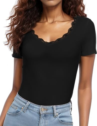 WOWENY Spitzen Oberteile Damen Kurzarm Sommer Elegant Spitzentop V Ausschnitt T-Shit Slim Fit Sexy Bluse,Schwarz,M