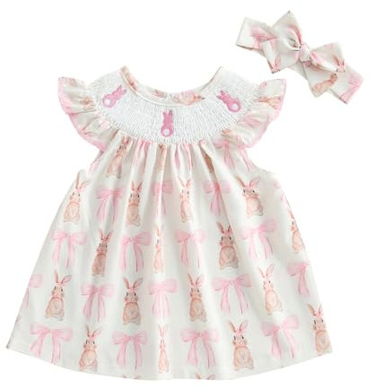 Geagodelia Toddler Baby Girls Easter Dress Bunny Embroidered My First Easter Baby Girl Outfit Ruffle Sleeve Summer Dresses (Smocked Bunny Bows Beige, 6-9 Months)