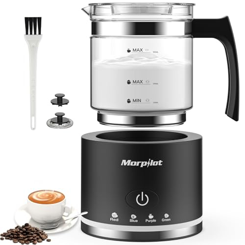 Morpilot Montalatte Elettrico, Milk Frother in Vetro, 4 in 1 Funzione, Bello da Vedere, Capacità 250ml per Schiumare o 500 ml per Riscaldare, Design Diviso, Nero