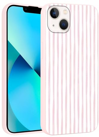 Yirlbey Fodral för iPhone 13 Mini (5,4 tum), med estetiskt mönster, rosa och vita ränder, för tjejer, stötsäker, mjuk stötfångare i rosa silikon, TPU, skydd för mobiltelefoner, ränder