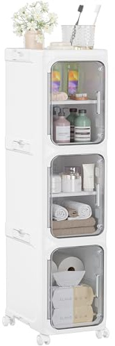 Bathroom Storage, 3 Tier Narrow Bathroom Cabinet with Wheels, Clear Smoke