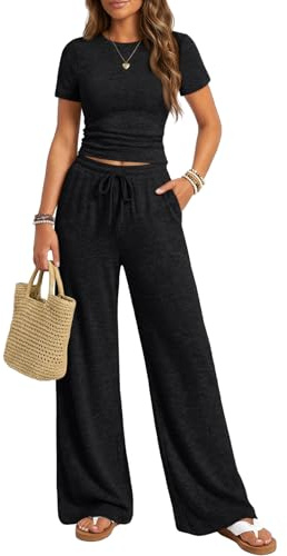 Trendy Queen Womens Lounge Two 2 Piece Sets Summer Spring 2026 Airport Outfits Travel Matching Sweatsuit Sweat Suit Workout Cruise Clothes Vacation Loungewear Pajamas Fashion Holiday Black XS