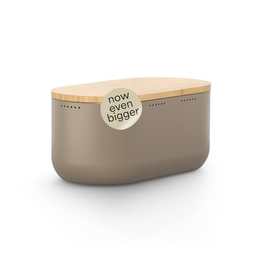LARS NYSØM Brödlåda i metall I Brödkorg för långvarig friskhet med halkfria kuddar I Bambulock som skärbräda I 34,5x18,5x15,8cm (Taupe Brown)
