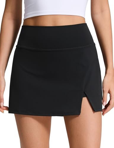 CRZ YOGA High Rise Front Slit Golf Skirts for Women - Mini A-line Tennis Casual Skort with Built-in Shorts Pockets Black Medium