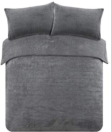 Brentfords Grey Teddy Fleece Single Duvet Set, Grey Single Bed Duvet Cover Set with Pillowcases Thermal Bedding Single Duvet Cover Ultra Soft Warm Fluffy