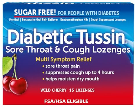 Diabetic Tussin Sugar Free Sore Throat & Cough Drops, Wild Cherry, 15 Count, Sodium-Free Lozenges with Soothing Liquid Center