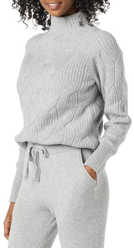 Amazon Essentials Damen Langarm-Pullover Für Den Winter, Soft-Touch-Zopfmuster Mit Trichterausschnitt, Grau Meliert, M