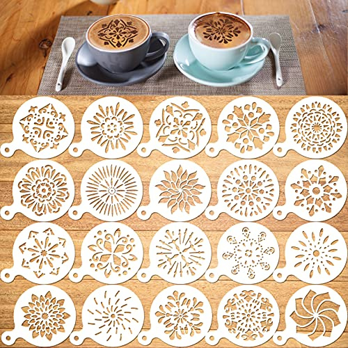 Konsait Cookie Template Stencil, 20 Pack Mandala Stencils for Coffee Cake Decorations, Reusable Template Stencils for Foam Barista Oatmeal Hot Chocolate Party Decoration Supplies Dot Painting Crafts