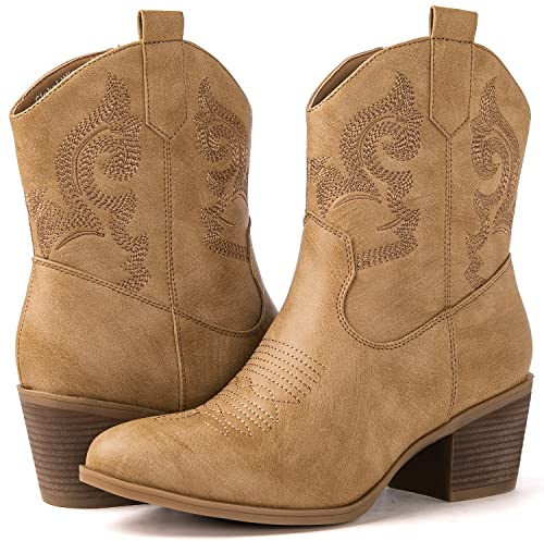 GLOBALWIN Women's Khaki Cowgirl Boots Ankle Fashion Western Boots Cowboy Boots For Women With Chunky Low Heel Comfortable For Walking Size 9M