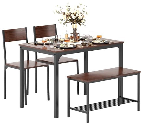 sogesfurniture Mesa de Comedor Conjunto de 4 Piezas, con Mesa de Comedor 110 * 70 * 76 cm, Dos Sillas, un Banco con Estructura de Metal, Mesa de Cocina Rectangular Conjunto, Color Nogal Negro