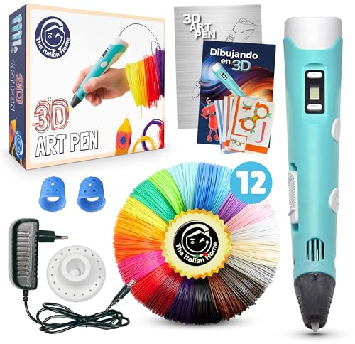 The Italian Home® Penna 3D + Filamenti PLA 12 Colori (2 Fluoerescenti) + Istruzioni in Italiano e Guida illustrata in Omaggio - Penna 3D bambini 10 anni