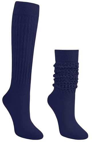 Auranso Slouch Socks Women Cotton Scrunch Knee High Long Knit Boot Socks Navy