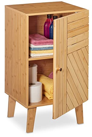 Relaxdays Badschrank Bambus, verstellbare Ablage, variabel montierbare Tür, HBT: 70x40x37 cm, Badezimmerschrank, Natur