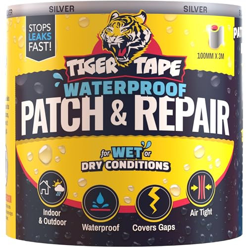 Tiger Tape® Waterproof Patch & Repair Tape | Silver Aluminum Heat Shield Butyl Flashing Tape for Roofing, Gutters, Skylights, Pipes, Hoses | Heavy-Duty Outdoor Leak Sealant 3M x 100MM