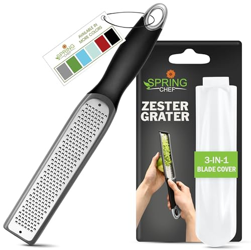 Spring Chef Premium Gray Lemon Zester Grater with Handle - Lime, Garlic, Ginger, Orange, Nutmeg, Fruit Grater - Heavy Duty Kitchen Tool - Stainless Steel Citrus Zester with Blade Cover - Fine Shred