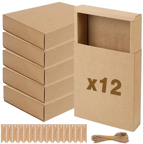 Dadabig 12 Stück Kraftpapier Schubladenbox, 19 * 16 * 4.8cm Geschenkbox Geschenkboxen mit Deckel Groß Schubladenboxen mit 12 Anhängeetiketten und 20m Schnur für Gastgeschenke