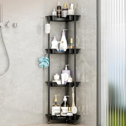 SWTYMIKI Corner Shower Caddy Standing - 4 Tier Floor Standing Shower Organizer with 4 Hooks, Plastic Metal Splicing Rustproof Corner Stand Shower Shelf Storage Rack for Bathroom, Bathtub, Black