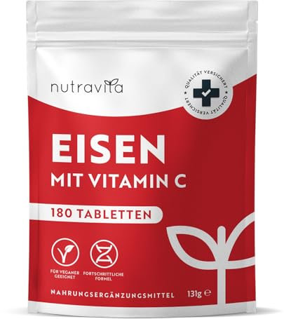 Eisentabletten mit 40 mg Eisen + Vitamin C (80mg) - 180 vegane Tabletten - Eisen Vitamin C Hochdosiert - ohne unerwünschte Zusatzstoffe - 6 Monate Vorrat - Hergestellt von Nutravita