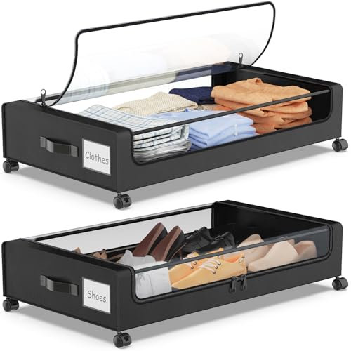 YAASHEEN Contenitore sotto il letto con ruote, confezione da 2 contenitori sotto il letto con coperchi trasparenti ed etichetta, contenitori portaoggetti sottoletto, cassetto in metallo XXL da 60 l