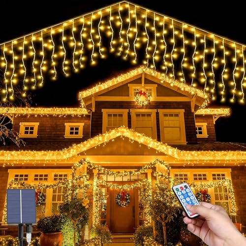 MXJFYY Luces de Carámbano Solar, 5M Impermeable Cortina de Luces, 16pcs*0.8M 128LEDs Cortina de Luces Solares 8 Modos Cadena de Luz con Control Remoto para Vacaciones Patio Jardín Boda