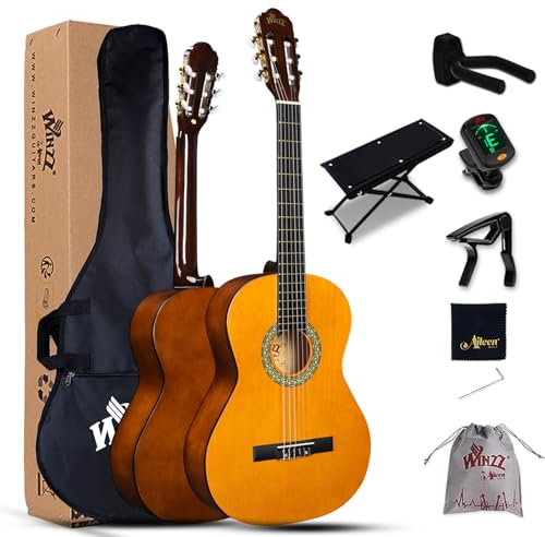 Winzz Guitarra Clásica 4/4 Starter Kit 39 para Principiantes con Reposapiés, Soporte con Ganchos de Pared, Diapasón, Afinador, Funda, Paño de Pulir - 6 Cuerdas de Nylon, Amarillo Brillante