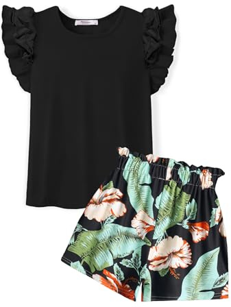 Arshiner Set di Abbigliamento per Ragazze T-shirt Nera Senza Maniche Pantaloncini Set da Due Pezzi Completo per Il Tempo Libero per Bambini Completo alla Moda Estivo con Tasca 9-10 Anni