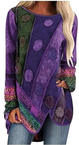 ANHATUIV Camisetas de manga larga para mujer, talla grande, cuello redondo, estilo étnico, estampado, jersey elegante, blusa larga con dobladillo irregular, ajuste holgado, túnica vintage, camisa