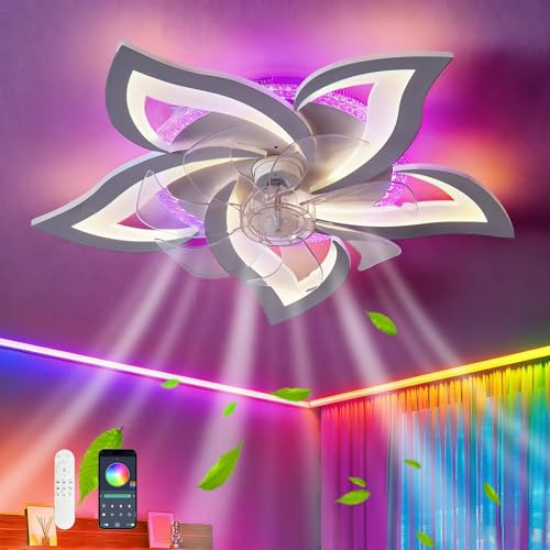 GWYAJTU Ventilador De Techo Con Luz RGB Color Variable, Lámpara LED Regulable, Ceiling Fan With Light Reversible De 6 Velocidades Para Habitación Infantil Dormitorio-RGB Blanco