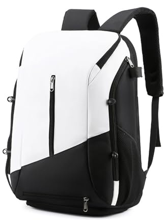 FANDARE Sac à Dos de Basket-Ball Football Tennis Badminton Sacs à Dos Loisir Homme Femme randonnée Laptop Rucksack Sac Scolaire Sac d'épaule avec Compartiment de Chaussures Sport Backpack Blanc Noir