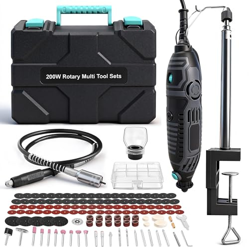 EcoBuild 200W Power Rotary Tool Kit with Stand, 129pc Multi-Tool Set for Wood & Metal – Mini Grinder, Drill & Sander with Flex Shaft for Carving, Cutting, Sanding, Polishing & Engraving