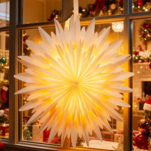 CIANBIFN Julstjärna belysning 3D, stjärnfönster, pappersstjärnor för upphängning, juldekoration inomhus för upphängning med belysning, Ø 42 cm vit