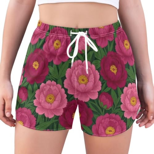 Yuiboo Snabbtorkande fitnessshorts för kvinnor med foder | Livfull magenta pion, lätt, avslappnad passform, vardaglig vardaglig
