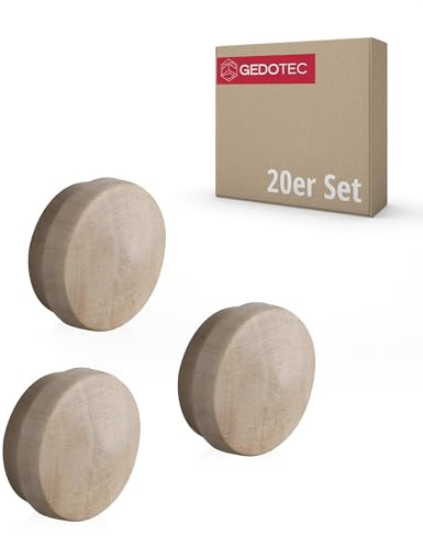 Gedotec Loch-Abdeckungen universal Abdeckkappen Holz für Blind-Bohrung Ø 15 mm | Massivholz Ahorn naturbelassen | Gesamt Ø 17 mm | Kappen rund zum Eindrücken | 20 Stück - Lochkappen für Möbel