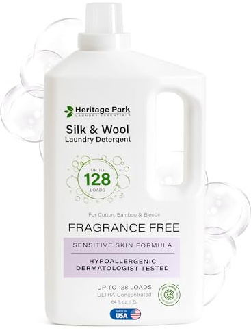 Heritage Park Silk & Wool Fragrance Free, Hypoallergenic, pH-Neutral Laundry Detergent - Dermatologist-tested, Sensitive Skin-Friendly, Enzyme-Free, Concentrated Up to 128 loads (64 fl oz)